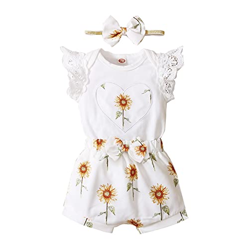 Shorts de verão estilo manga curta meninas primavera e outono girassol bordado amor top shorts bebê