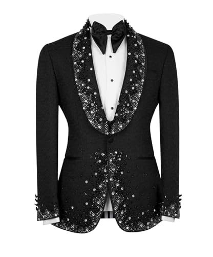 Mens Luxury Suit Slim Fit Dinner Tuxedo Jacquard Jacket Blazer with Handmade Shiny Rhinestone for Prom,Party,Wedding