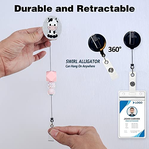 Badge Reels Retractable For Nurses Nursing Badge Reel Nursing Badge Holder With Buddy (Alligator, Pink Cow) #TOP2