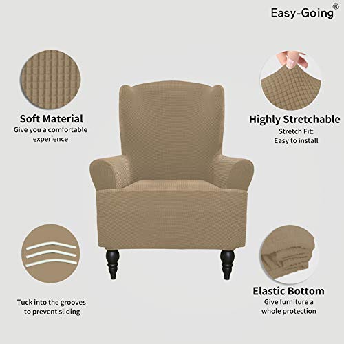 Image of Easy-Going Stretch Wingback Chair Sofa Slipcover Tan | 1-Piece Sofa Cover Furniture Protector Couch Soft with Elastic Bottom, Spandex Jacquard Fabric Small Checks