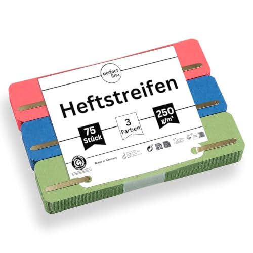 perfect line - 75 Heftstreifen Pappe, recycling Karton, 250 g/m², 3 Farben (Rot, Grün, Blau), Made in Germany, Blauer Engel zertifiziert