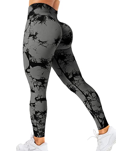 ZAAYO Sport Leggings für Damen Tie Dye Yoga Pants Fitness Gym Scrunch Butt Fit Schwarzgrau L