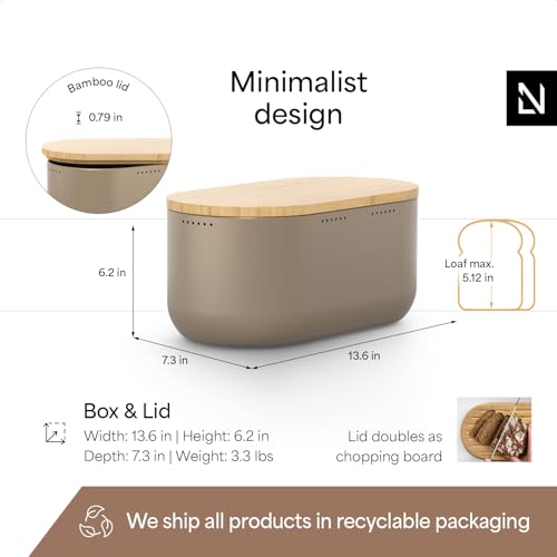Image of LARS NYSOM Bread Box I Metal bread box for long lasting freshness with non-slip pads I Baked goods Bin with bamboo lid usable as cutting board I 13.6x7.3x6.2in (Taupe Brown)