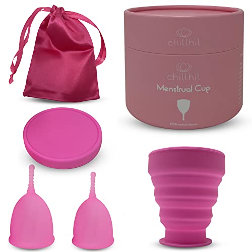 Chillhil Set de 2 Copas Menstruales para el Periodo Tallas S y L con Vaso Esterilizador Plegable para Microondas - Copa Menstrual Reutilizable