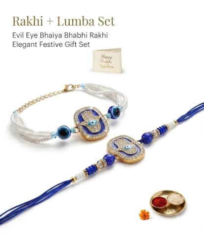 Image of Rakhi for Brother and Bhabhi Set of 2, Designer Rakhis for Rakshabandhan, Bhaiya Bhabhi Rakhi Set for Rang Panchami, Best Wishes Greeting Card and Tillak Set, Premium Thread Raki for Him
