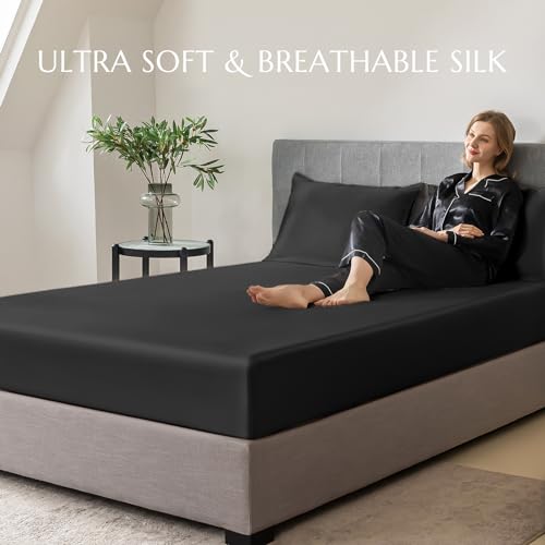 THXSILK Natural Silk Fitted Bed Sheet, 100% 7A+ Silk, Deep Pocket to 16", Soft and Wrinkle Free, 1 Fitted Sheet Only (Queen, Black) - Image 7