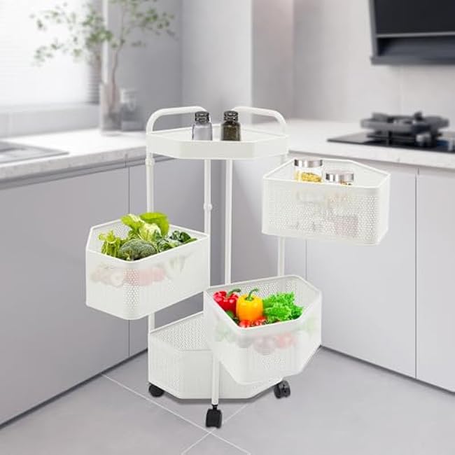 Rotating Storage Shelves, 4-Tier Removable Basket Shelf Organizer Metal Storage Tower Basket Shelves Organizer on Rolling Wheels for Fruit Vegetable Grocery Corns (White)-DCLSEAjt