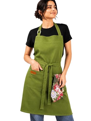 Image of Kitchen Apron - 100% Cotton, Adjustable Neck strap, Large Pocket - Unisex Apron for Men & Women - Cooking, Baking, BBQ, Gardening - Solid Colours, Striped and Checkered Patterns
