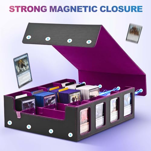 UAONO Trading Card Storage Box für Commander Display, 2400+ MTG Deck Box mit 4 Toploader, TCG Card Case passend für Magic PTCG Sports Cards（Schwarz&Lila）