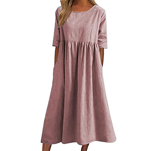 Leinenkleid Damen Sommer Rundhalsausschnitt Kurzarm Sommerkleid Damen Midi Leinenkleider Baumwolle Leinen Blusenkleid Casual Drucken Freizeitkleid...