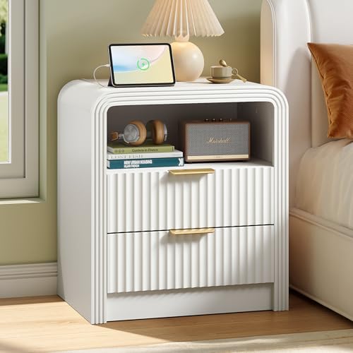 Decofy Fluted Nightstand with Charging Station, 19.7'' Wide Morden End Table with USB/Type-C Ports, 2 Drawers & Open Shelf, Curved Profile Design, Wood Bedside Table for Bedroom (White)