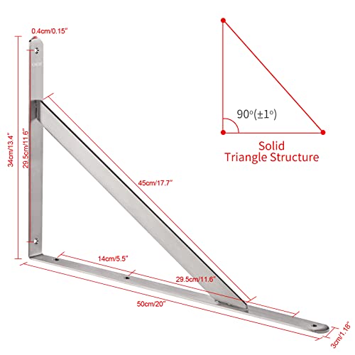 Image of YUMORE Shelf Bracket 20 inch, Max Load: 550lb, Heavy Duty Stainless Steel Solid Shelf Support Corner Brace Joint Right Angle L Bracket, Pack of 2 | Stainless Steel, 550 LB Load Capacity, Reinforced Triangle Design, Easy Installation, Indoor & Outdoor Use