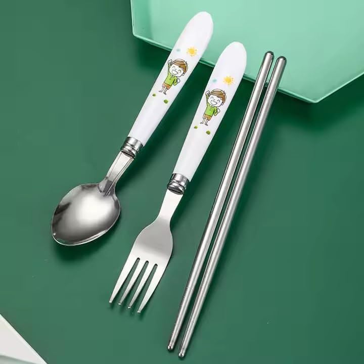 Image of Portable Kids Spoon Fork Set 1 - 4pcs Bpa Free Stainless Steel Cutlery Set with Cute Handles -Ideal for Lunchbox & School, Travel Box-Ideal Gift for Students- Multicolor