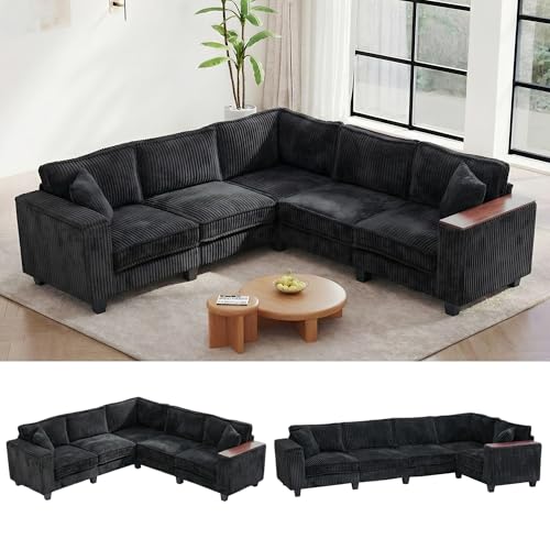 Image of 97 inch L Shaped Sectional Couch, Comfy Corduroy Sectional Couch, Modular Convertible V Shaped Couch, 5 Seat Corner Sofa with 2 Pillows & Storage Armrests for Living Room, Black