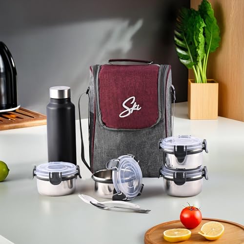 Image of Kuber Industries Leak Proof Lunch Boxes for Office Men & Women with Bottle (750 ml), 4 Container (350 ml) & 2 Spoons Pouch /Bag | Airtight Tiffen Box for School Kids | Grey & Red