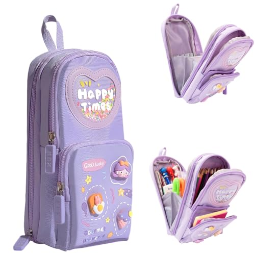 Image of Canvas School Bag Pencil Case, 3 Layer 6 Compartment Large Capacity, Aesthetic Pencil Pouch for Stationary, Cute Stationery for Kids, Pencil Case for Girls & Boys (Happy TIME Purple)