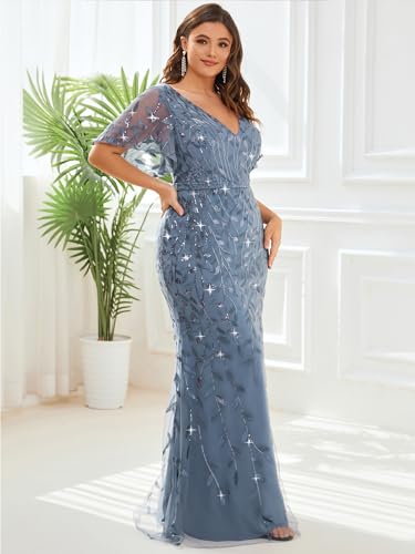 Ever-Pretty Women's V-Neck Curvy Embroidery Formal Dresses Plus Size Sequin Mother of The Bride Dresses 0692-PZUSA3