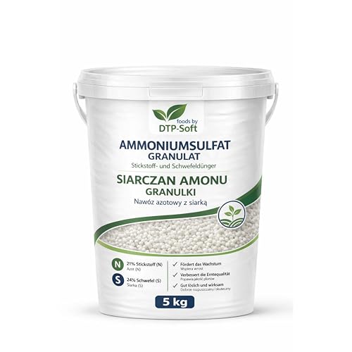 DTP-SOFT Ammoniumsulfat 5kg - Stickstoffdünger und Schwefeldünger im Eimer - Ammoniumsulfat Dünger für Heidelbeeren, Moorbeetpflanzen, Rhododendren, Azaleen und Gartenpflanzen - Dünger für kräftiges W
