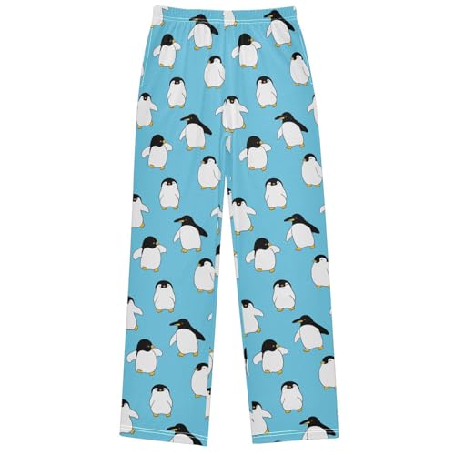 Boy's Pj Pants Cartoon Penguin Design on Blue Lounge Bottoms Elastic Kids Sweatpants Joggers with Pockets Size 6-14