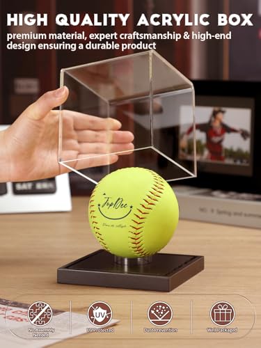 Image of JupDec Softball Display Case Clear Acrylic Ball Holder, UV Protected Cube with Wood Base Stand, Championship Sports Collections Box Showcase, Black