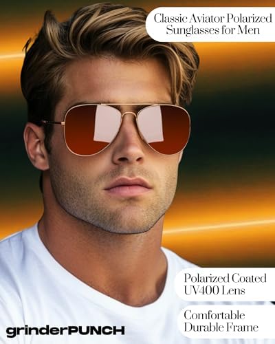 Image of grinderPUNCH Polarized Aviator Sunglasses Men Women 70s Retro Costume UV400 | Polarized UV400 Aviator, 70s Retro Gold Metal Frame, Classic Pilot Style, Costume and Fashion, for Men and Women