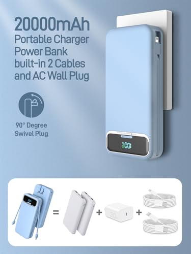 Image of Nusyddy Portable Charger 20000mAh 22.5W w /Built-in Cables & Wall Plug Blue | 22.5W Fast Charging, High Capacity, LED Display, Charge 5 Devices at once, TSA Approved, Compatible with iPhone /iPad /Samsung