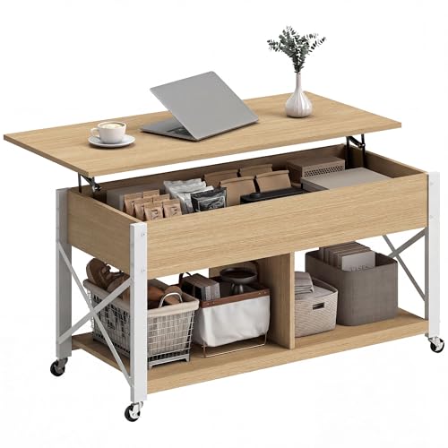 HOMCOM Mesa de Centro Elevable con Ruedas, Mesita de Salón con Compartimento Oculto, Estantes Abiertos, Mesa de Café para Comedor, Oficina, 105x50x67 cm, Madera Natural y Blanco