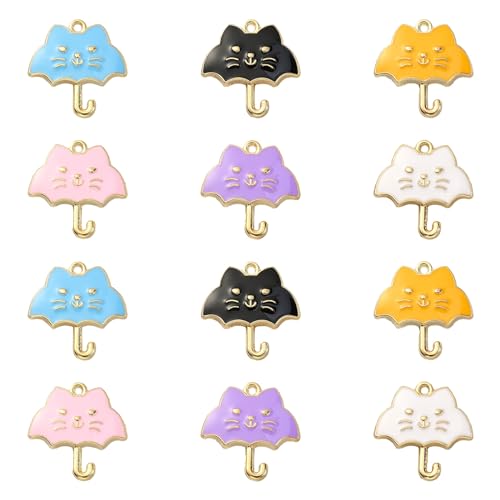 Stiesy 30Pcs 6 Colors Enamel Umbrella Charms Pendants Cute Cat Shape Umbrella Charms Colorful Umbrella Dangle Charms for Jewellry Making DIY Crafts