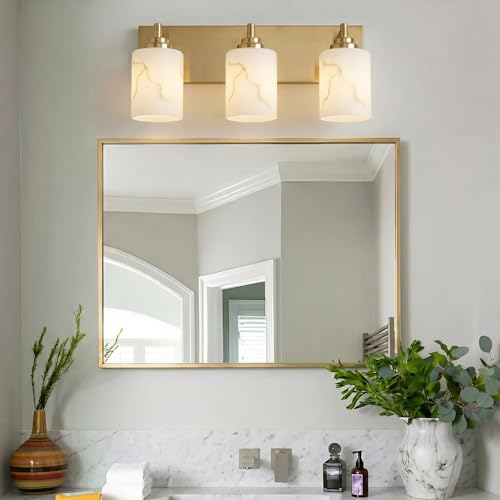 Image of 3-Light Bathroom Light Fixture, Gold Modern Vanity Light with White Marble Glass Shade, for Bathroom Mirror, Living Room, Bedroom, Hallway, E26 Base, Extended Base