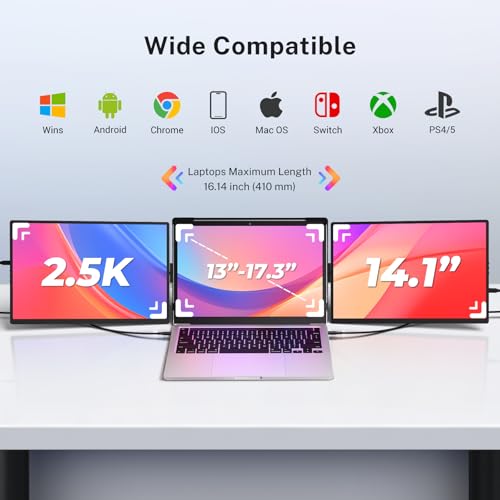 Image of Laptop Screen Extender, 2.5K Triple Laptop Screen Extender Monitor, Plug-Play 360 Rotation Multiple Screens for Laptop Fits 13-17 Inch Compatible with macOS, Windows, Chrome, Dex，Black