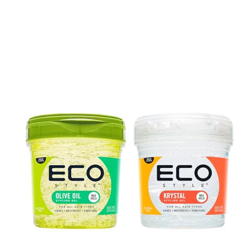Eco Style Gel Olive Oil & Krystal Styling 16 oz Bundle - Adds Shine and Tames Split Ends - Delivers Moisture to Scalp - Nourishes And