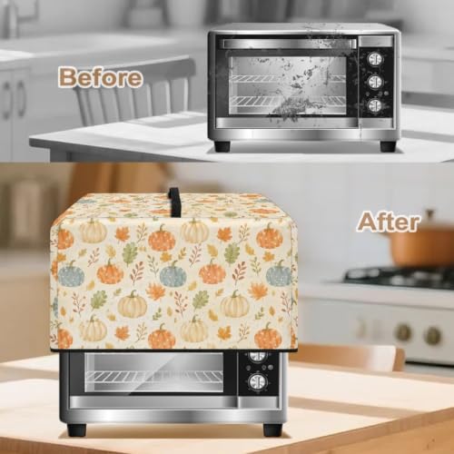 Image of Microwave Oven Cover, Dustproof Air Fryer Toaster Protector Electrical Appliance Cover for Kitchen Fall Decor, L, 20.9 x 15.7 x 12.4 Inches, Pumpkin Leaf Beige