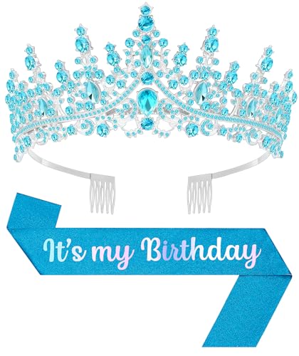 Birthday Tiara and Crown with Sash, Birthday Tiara for Women Party (Blue)