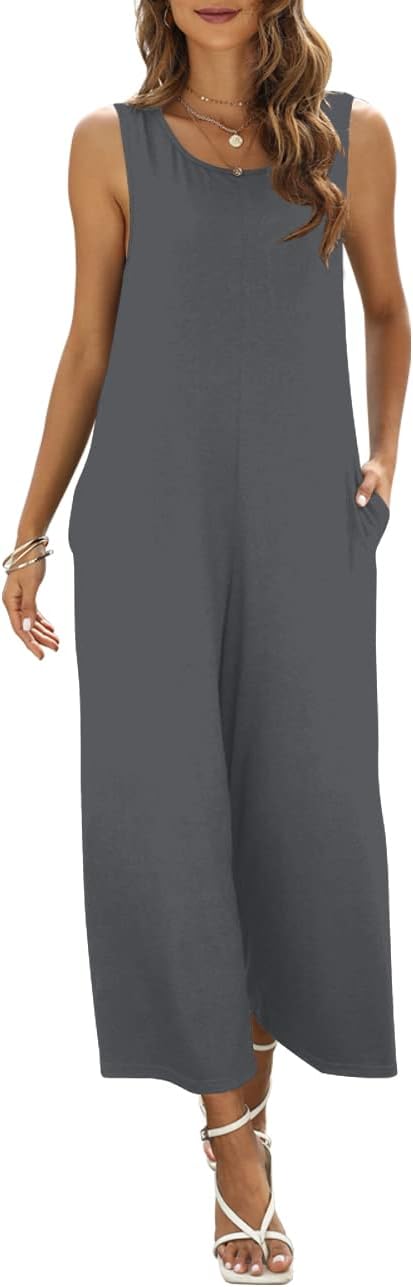 Women's Summer Casual Loose Tank Jumpsuit Sleeveless Crewneck Jumpsuit Romper Outfits with Pockets - Image 3