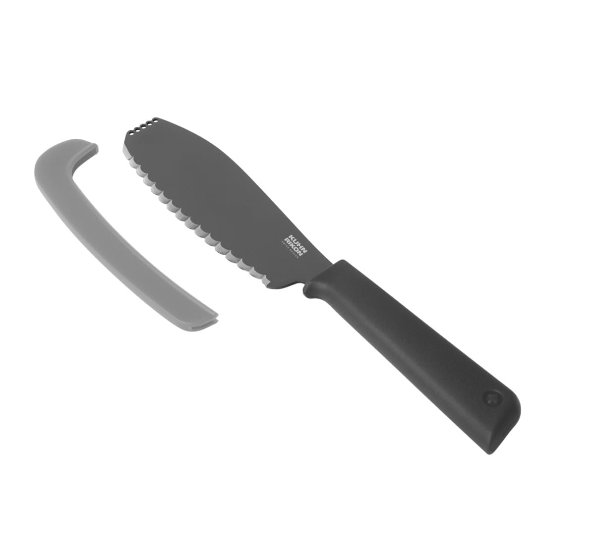 Kuhn Rikon Colori+ Sandwich Knife – Super Sharp Japanese Stainless Steel Bread & Sandwich Knife with Scalloped Edge, Grater Tip for Cold Butter, Safety Sheath, Dishwasher Safe, Grey