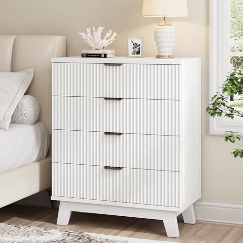 Image of Xixini Fluted Nightstand, 31.5 inch Wide Side Table with 4 Large Storage Drawers, Mid Century Modern Wood Night Stand with Metal Handle, Wooden Bedside End Table for Bedroom, White
