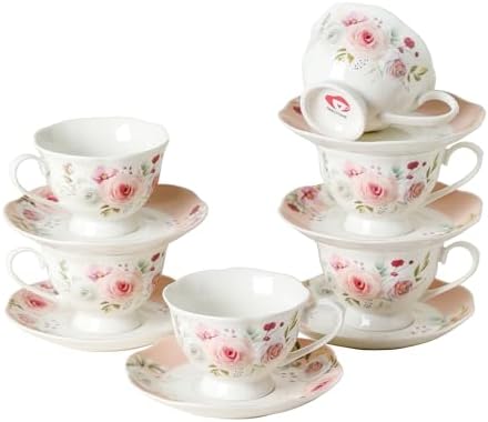 Floral Porcelain Tea Cup Set of 6 (12-Piece), 6 Cups & 6 Saucers ...