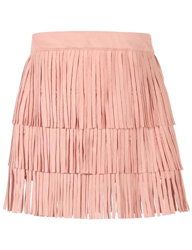 Noomelfish Girls Suede Fringe Skirt Boho Tassel Layered Ruffle Skirt, Light Pink, Size 11-12Years