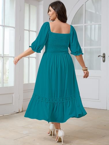 Image of SCOMCHIC Women's Plus Size Boho Maxi Dress Short Sleeve Square Neck Smocked Flowy A-Line Lace Trim Wedding Guest Dresses