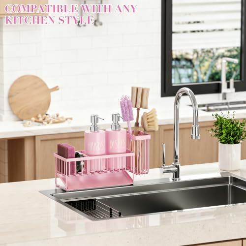 Image of MASADI Pink &Silver Kitchen Dish Soap Dispenser Set with Sponge Holder, 12OZ Glass Bottle, Hand and Dish Soap Dispenser Set, Non-Slip Silicone Pad, Brush Holder, Kitchen Sink Organizer Countertop