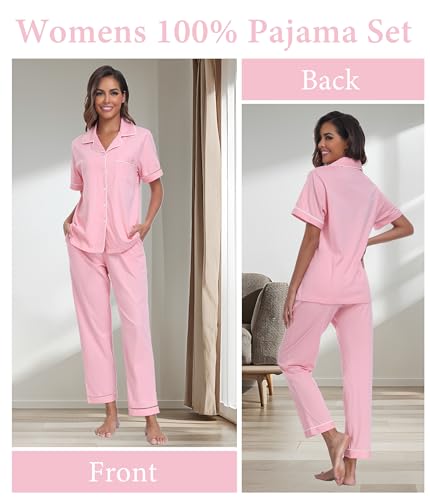 Image of CF Womens 100% Cotton Pajamas Set Button Down Pjs Sets Short Sleeve Top & Long Pants Sleepwear Comfy Loungewear with Pockets