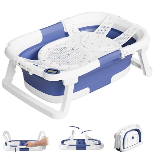 Image of napei Collapsible Baby Bathtub,Baby Bath Tub with Soft Cushion & Thermometer,Baby Bathtub Newborn to Toddler 0-36 Months,Portable Travel Baby Tub