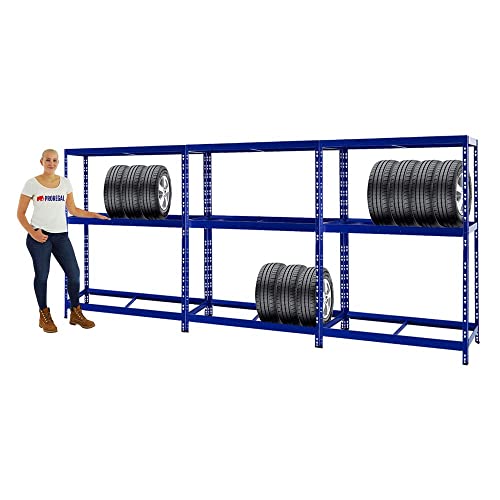 PROREGAL Mega Deal 3X Étagère à pneus Tiger | HxLxP 180x130x50cm | Jusqu'à 36 pneus | avec Tablette | Bleu | Porte-Pneu, Rack à pneus, rayonnage,...