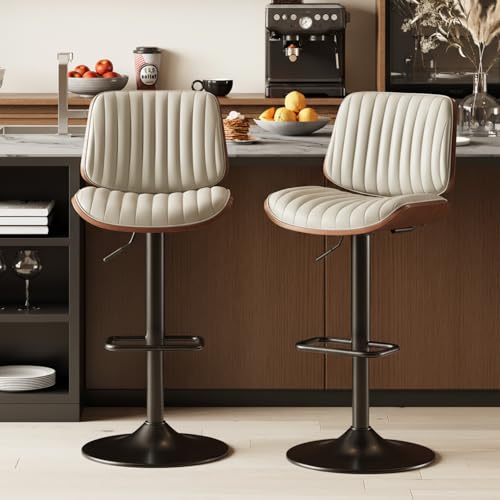 Image of MALOL Bar Stools Set of 2, Adjustable Counter Height Bar Chairs 26 inch-34.5 inch with Swivel & Footrest, Modern Faux Leather Barstools for Kitchen Island, Dining Room,Pub,Beige