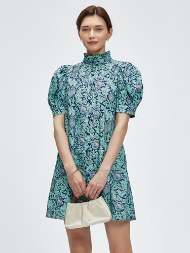 Women Summer Floral Mini Dress Ruffle Neck Puffer Sleeve Boho Beach Shift Dresses3