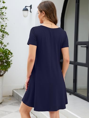 KORSIS Dresses for Women Summer Casual T-Shirt Short Sleeve Criss Cross V Neck Swing Soft Loose Beach Party Vacation midi Soild Dress with Pockets (S-2XL) Navy Blue — view 6