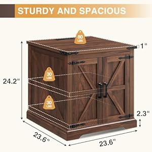 Farmhouse end table with charging station24 large sofa side table with barn door rustic wood square nightstand bedside table with adjustable storage shelf for living room bedroomwalnut  urban country home decor