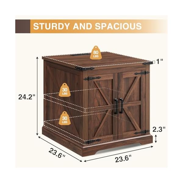 Farmhouse end table with charging station24 large sofa side table with barn door rustic wood square nightstand bedside table with adjustable storage shelf for living room bedroomwalnut  urban country home decor