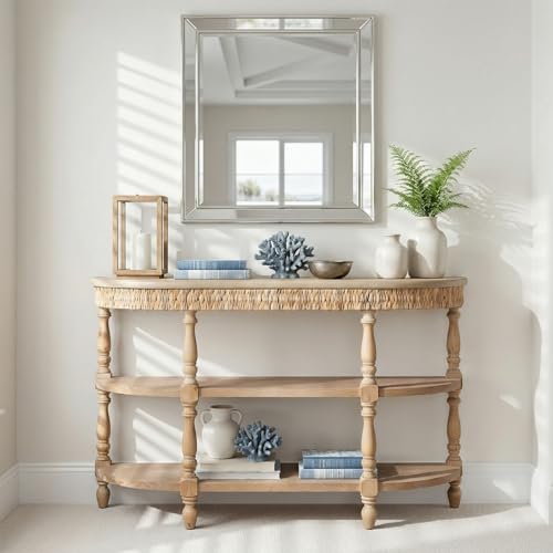 Solid Wood Console Table with Hand-Woven Rattan Trim and 3-Tier Storage Shelves Hallway Rustic Table Bohemia Behind Couch Narrow Wood Accent Sofa Tables for Living Room Entryway Furniture