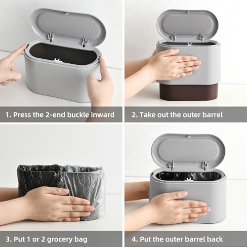Image of SUBEKYU 0.5 Gal Mini Countertop Trash Can with Lid for Desktop, Small Garbage Can for Office, Tiny Wastebasket, Plastic, Light Grey